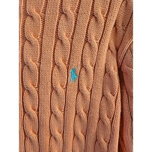 Polo Ralph Lauren Womens Peach Cable Knit Cotton Crew Neck Sweater Blue Pony